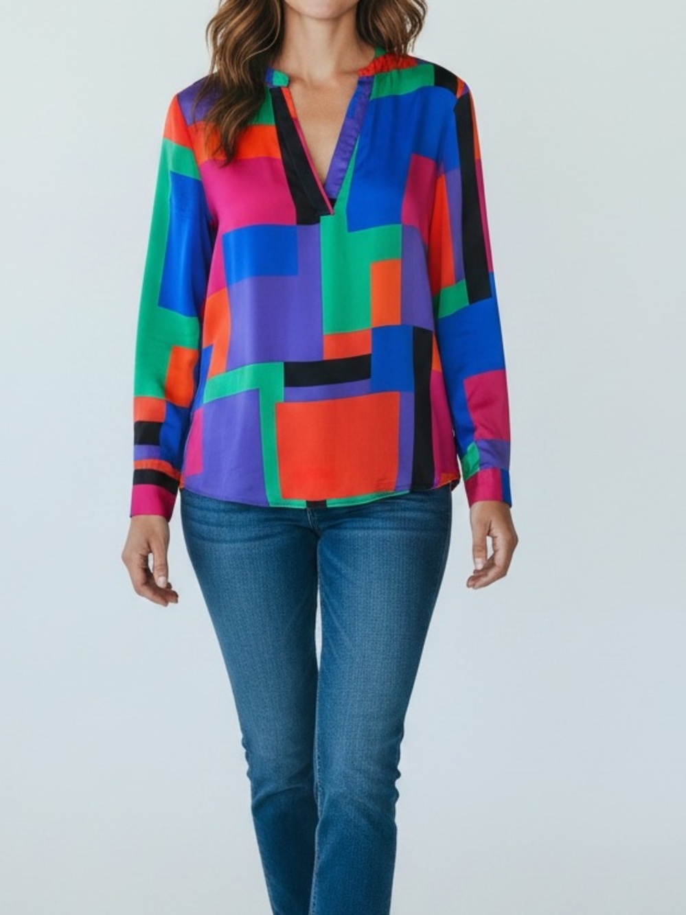 Lauren Ralph Lauren Abstract Colorblock V-Neck Silk Blouse Medium